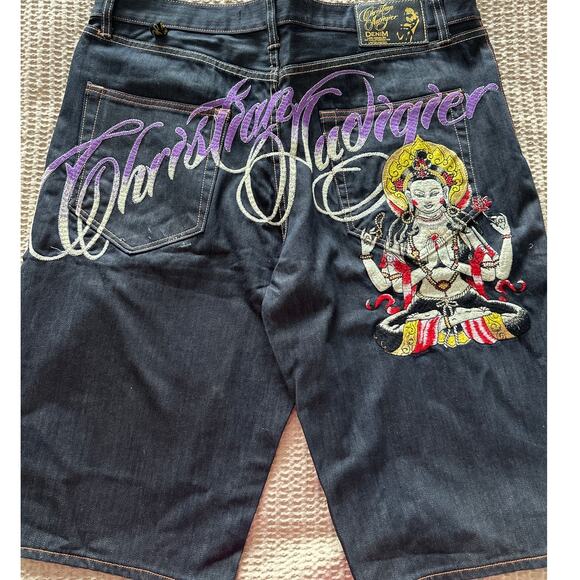 Christian Audigier Other - Vintage VTG Christian Audigier Embroidered Buddha Dark Denim Shorts 37" waist